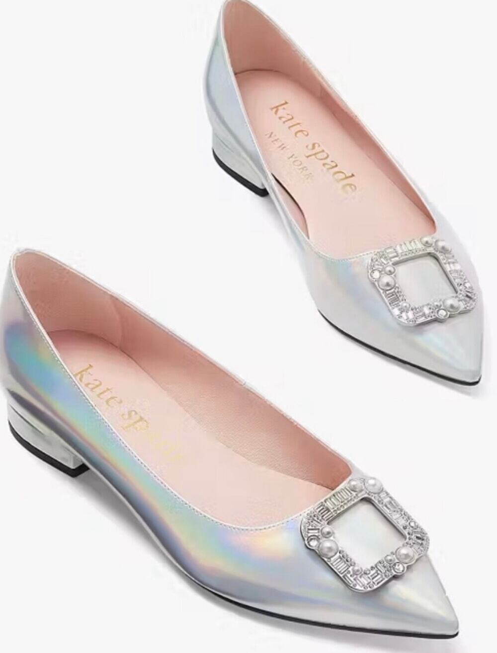 Kate Spade Buckle Up Flats Iridescent Crystal Pearl Pointed Toe Sz 10.5 New